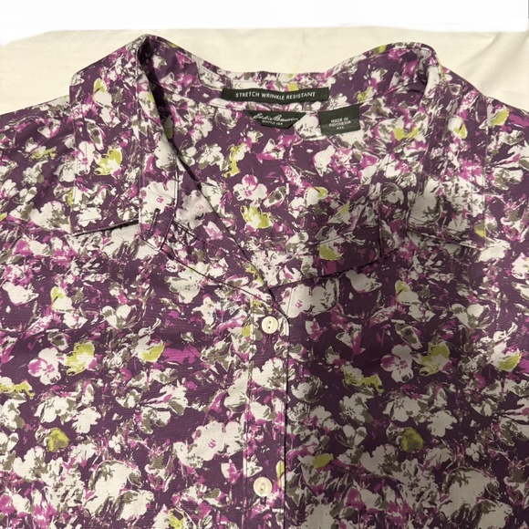 woman stretch wrinkle resistant floral purple / green long sleeve polo shirt - Picture 6 of 8